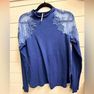 Free People  Deep Blue Lace Yoke Long Sleeve Top- small